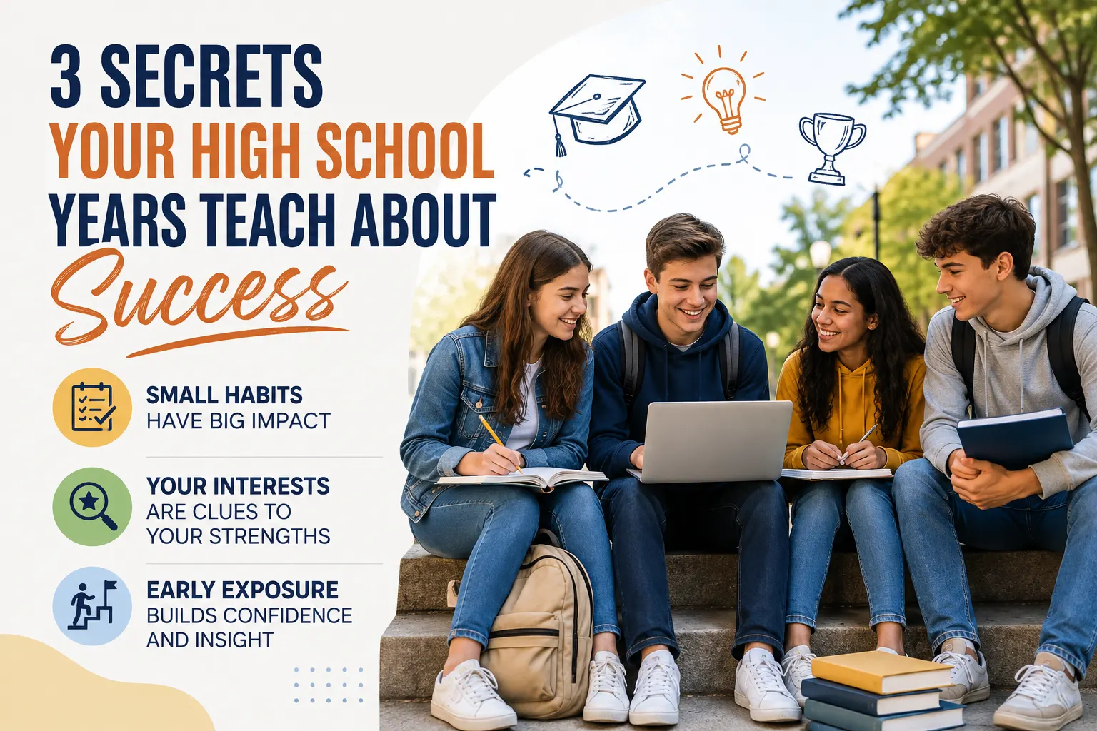 Three high school students collaborating on campus while learning about habits, strengths, confidence, and success.